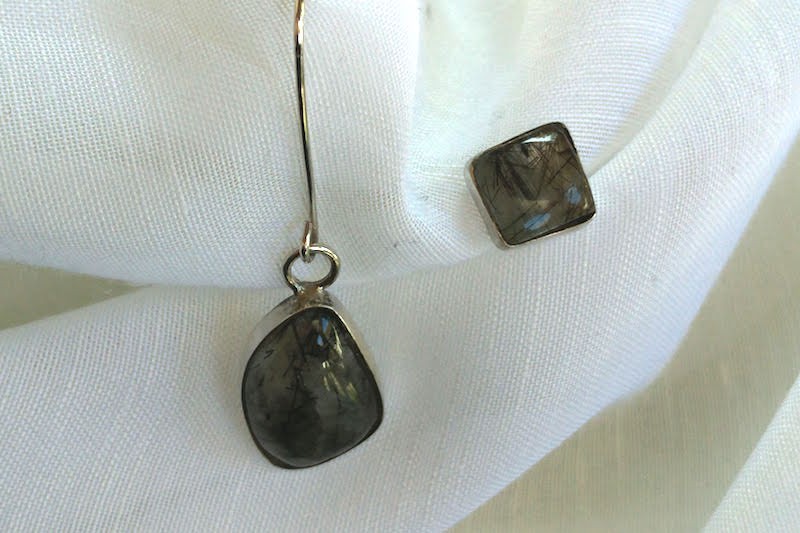 925er Silber Ohrhänger unsymmetrisch mit Rutil Quarz 925er Silber Ohrhänger unsymmetrisch mit Rutil Quarz
